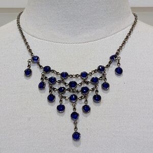 NWT Beckwoman 18" Sapphire Blue Gemstone Oxidized Silvertone Drop Necklace
